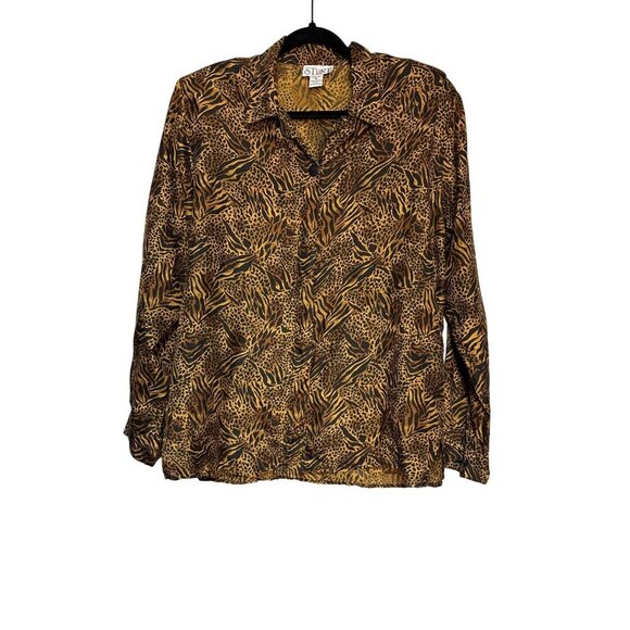 Vintage Stunt Womens 100% Silk Animal Print Button-Up Shirt M - Picture 1 of 6